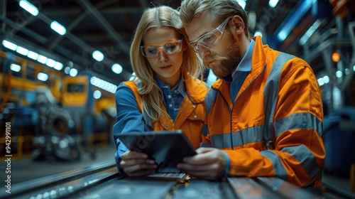 Two engineers in reflective vests and safety glasses, sitting at a factory table, examining something on a tablet intently, surrounded by industrial machinery in a modern setting.