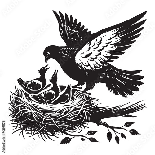 Rock Dove Silhouette,  Pigeon Bird Clipart -  Columba livia Design - Rock Dove feeding chicks in a nest Illustration in black and white
