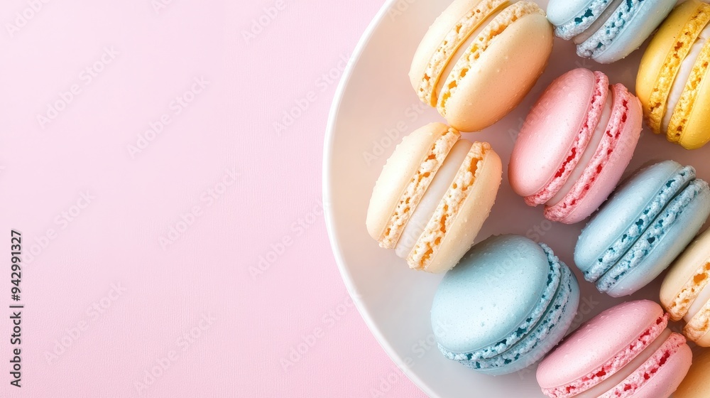 Obraz premium A plate of delicate French macarons in pastel colors arranged neatly with ample space for text above. Great for dessert menus or elegant event promotions.