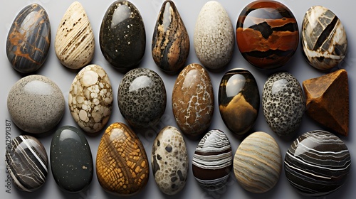 Unique stones with fossil-like features and interesting textures displayed in natural light