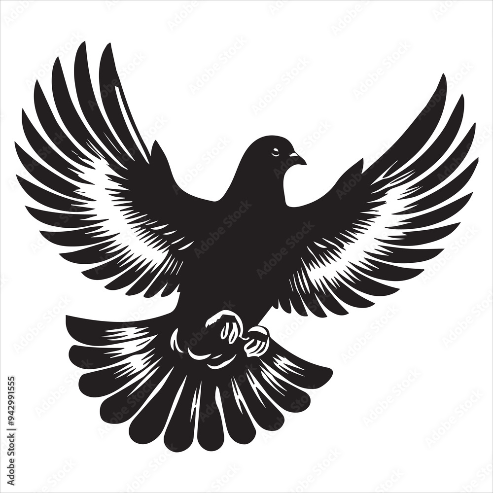 Obraz premium Rock Dove Silhouette, Pigeon Bird Clipart - Columba livia Design - Rock Dove flapping wings Illustration in black and white