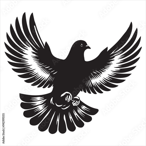 Rock Dove Silhouette,  Pigeon Bird Clipart -  Columba livia Design - Rock Dove flapping wings Illustration in black and white