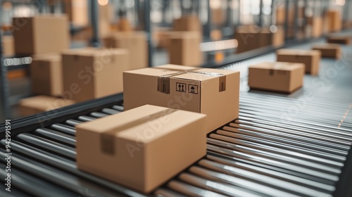 Conveyor belts with packages symbolize efficient micro-fulfillment processes in modern warehouses. photo