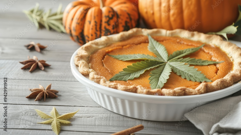A pumpkin pie with a cannabis leaf on top. The pie is surrounded by pumpkin seeds and a cinnamon stick A pumpkin pie with a cannabis leaf on top. The pie is surrounded by pumpkin seeds and a cinnamon stick