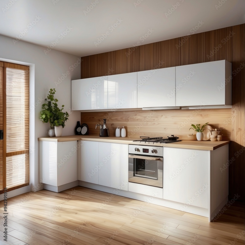Modern White Kitchen with Wooden Accents and Sunlight Modern White Kitchen with Wooden Accents and Sunlight