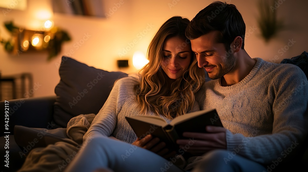 Cozy Evening: Couple Enjoying Quality Time Reading Together in Comfortable Home Environment with Soft Lighting Cozy Evening: Couple Enjoying Quality Time Reading Together in Comfortable Home Environment with Soft Lighting
