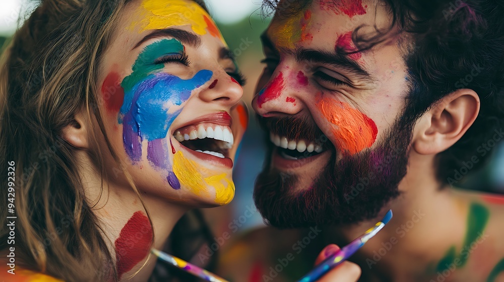 Obraz premium Creative Bonding - Couple Playfully Painting Each Other's Faces with Colorful Paint, Laughter in the Air