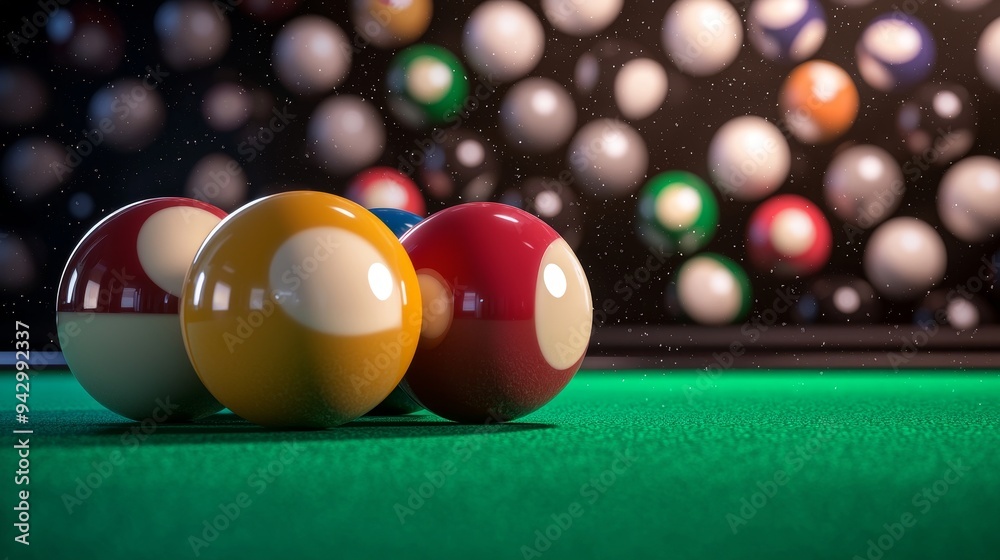Detailed view of billiard balls on green felt, background filled with pool ball design, 3D illustration Detailed view of billiard balls on green felt, background filled with pool ball design, 3D illustration