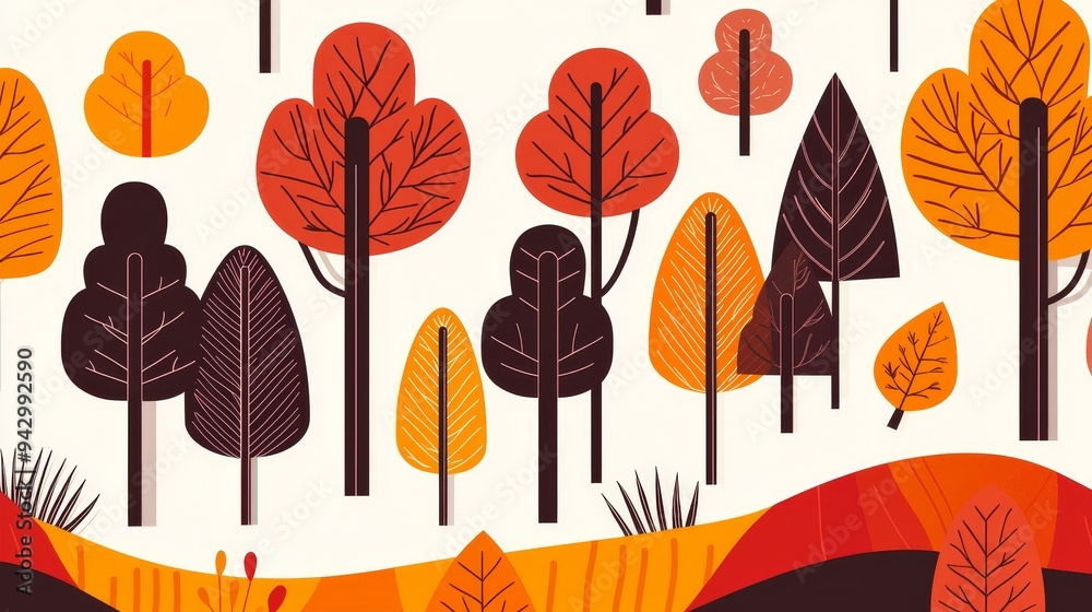 Fall woodland, repeating pattern with trees and foliage, flat design illustration Fall woodland, repeating pattern with trees and foliage, flat design illustration