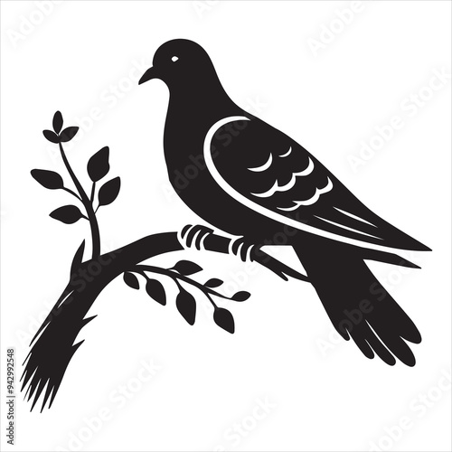 Rock Dove Silhouette,  Pigeon Bird Clipart - Rock Dove perched on a branch Illustration in black and white