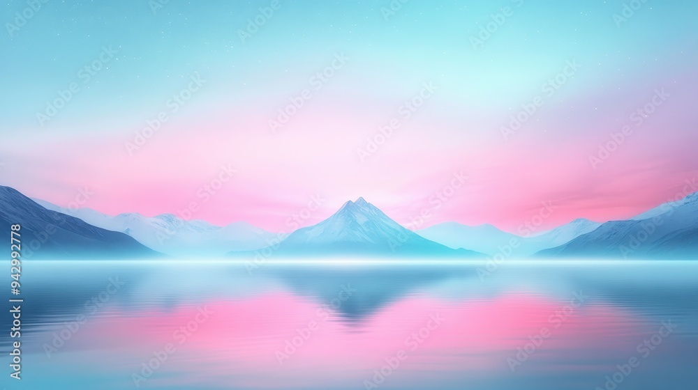 A beautiful mountain range with a pink and blue sky. The mountains are covered in snow and the water is calm A beautiful mountain range with a pink and blue sky. The mountains are covered in snow and the water is calm