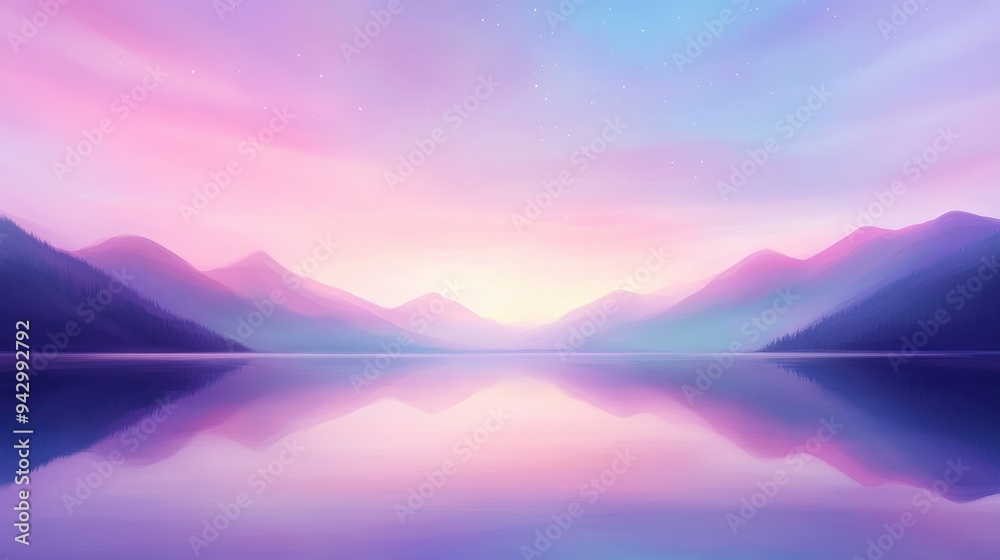 A beautiful mountain landscape with a lake in the foreground. The sky is a mix of pink and blue, creating a serene and peaceful atmosphere A beautiful mountain landscape with a lake in the foreground. The sky is a mix of pink and blue, creating a serene and peaceful atmosphere