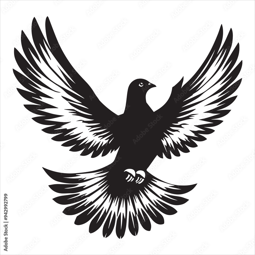 Obraz premium Rock Dove Silhouette, Pigeon Bird Clipart - Rock Dove soaring high Illustration in black and white 
