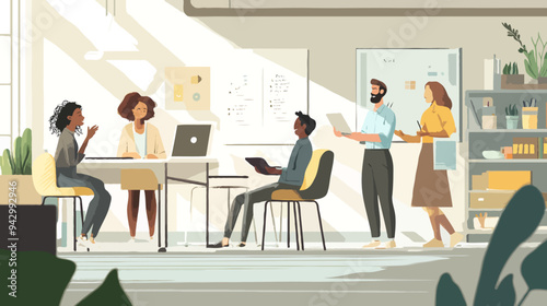 Diverse Group of Professionals Collaborating in Modern Office Setting, Engaging in Team Discussion and Project Planning
