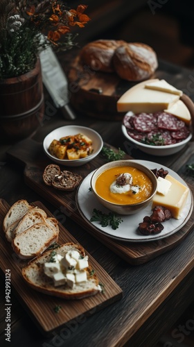 Cozy autumn meal featuring creamy soup, artisan bread, cheese, and charcuterie on a rustic wooden table setting.