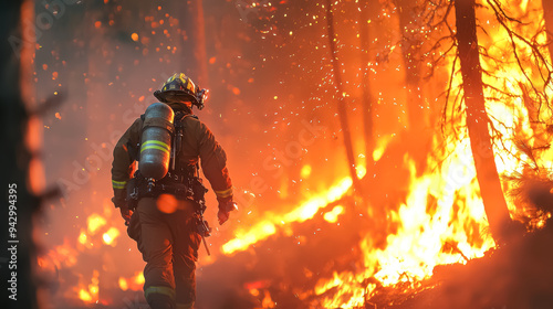 A dynamic image of a male firefighter fully equipped with a breathing apparatus, surrounded by intense flames in a wildfire setting, exuding bravery and determination.