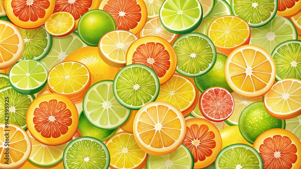 Citrus Fruits Background with Sliced Oranges, Lemons, and Limes Arranged in a Vibrant Pattern, Fresh and Zesty Citrus Fruits Background with Sliced Oranges, Lemons, and Limes Arranged in a Vibrant Pattern, Fresh and Zesty