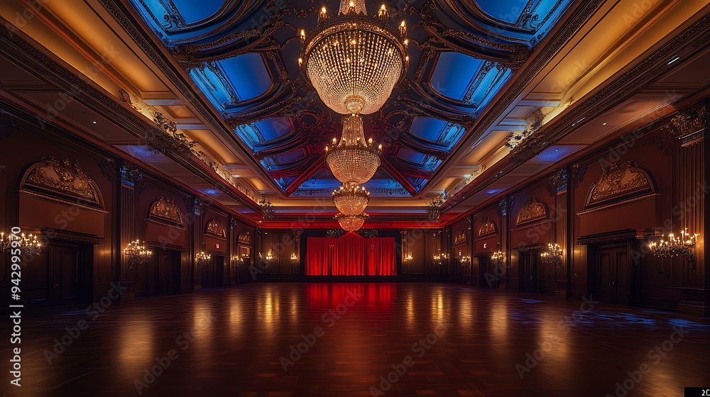 Obraz premium Sophisticated Ballroom with Crystal Chandeliers, Intricate Ceiling, and Warm Lighting Enhanced by Red and Blue Accents