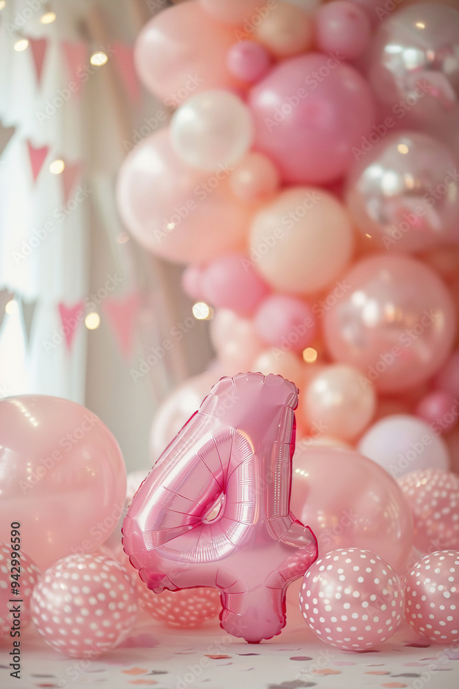 Pink, girlish number four with balloons. Playful symbol 4. Invitation for fourth birthday celebration. Children, kids party. Vertical greeting card for girl. Women business four years.