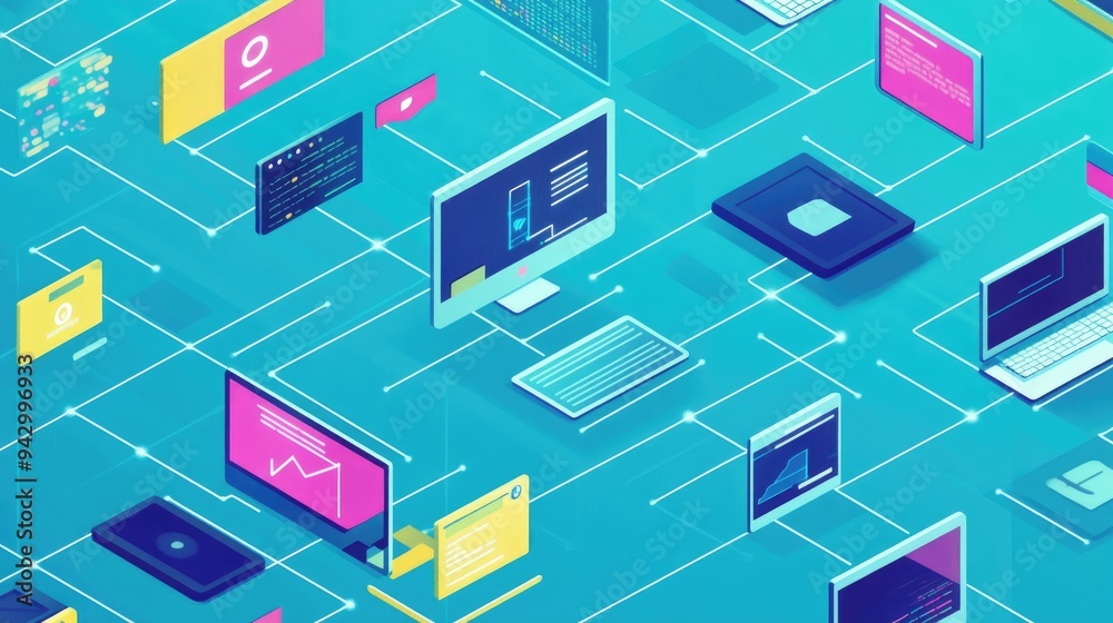 Isometric view of a connected network of computers and devices. Isometric view of a connected network of computers and devices.