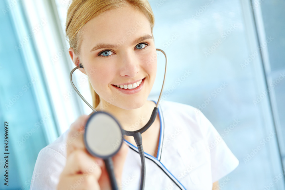 Portrait, smile and stethoscope with woman nurse in hospital for cardiology, healthcare or medical. Face, heartbeat and listen with happy medicine professional in clinic for appointment or checkup Portrait, smile and stethoscope with woman nurse in hospital for cardiology, healthcare or medical. Face, heartbeat and listen with happy medicine professional in clinic for appointment or checkup