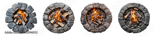 Stone Fire Pit with Burning Logs, PNG set