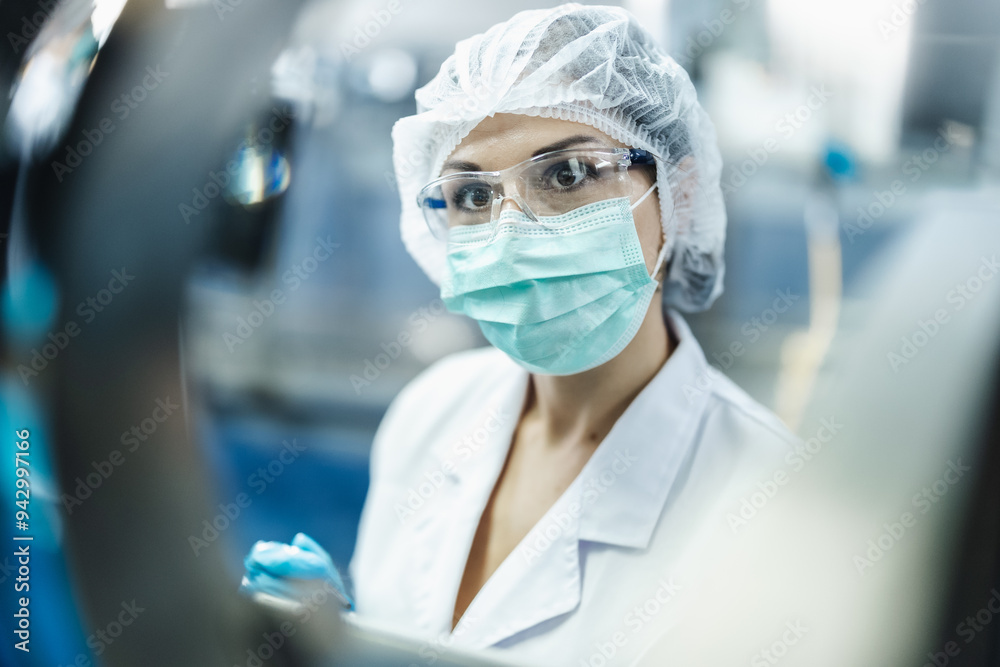 Hygiene women worker work in science laboratory. people in pharmaceutical medicine production machine inspector. Hygiene women worker work in science laboratory. people in pharmaceutical medicine production machine inspector.