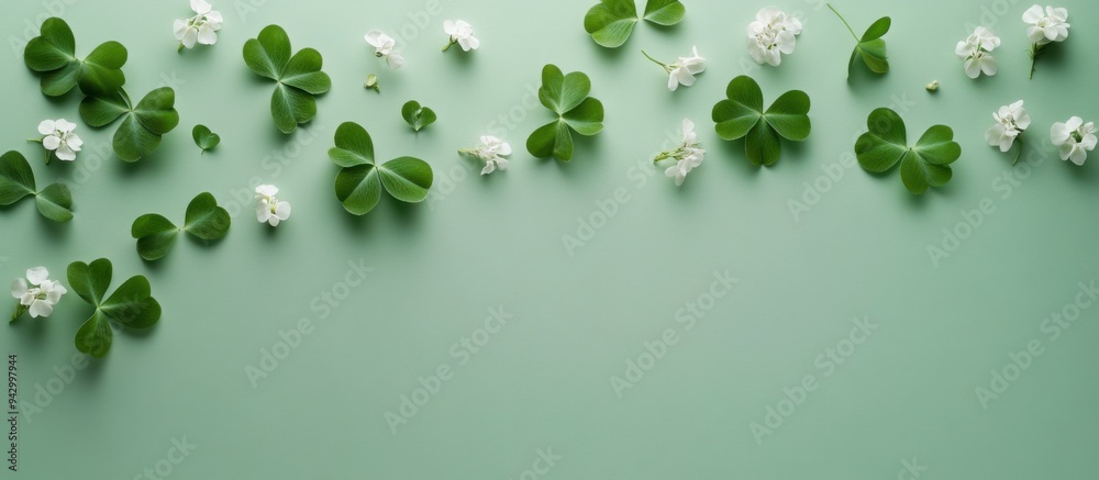 Minimalist Composition of Clover Leaves and White Flowers on Pastel Green Background Minimalist Composition of Clover Leaves and White Flowers on Pastel Green Background