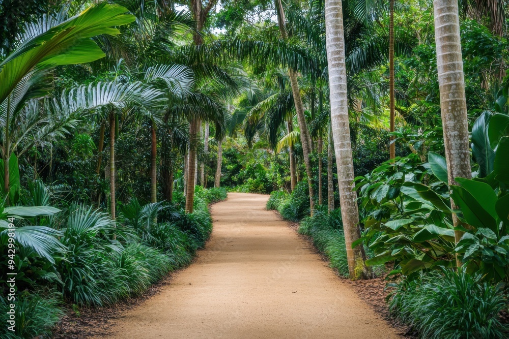 Tropical Forest Pathway Surrounded by Palm Trees and Lush Greenery Tropical Forest Pathway Surrounded by Palm Trees and Lush Greenery