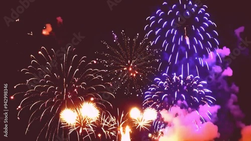 Fireworks Display Event: Seamless Loop Animation of Vibrant Explosions, Celebration Fireworks, Night Sky Pyrotechnics, Colorful Explosive Show, Festive Light Display, Continuous Firework Animation
