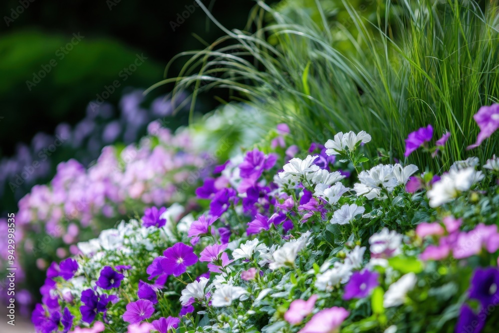 Fototapeta premium Blooming Garden A Lively Display of Purple and White Flowers