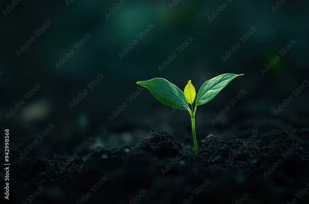 Young Green Plant Sprouting from Dark Soil with Moody Background
