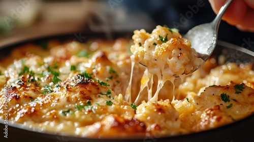 Mouth-watering cheesy cauliflower bake with gooey melted cheese and fresh herbs in a skillet. photo