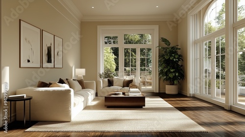 Spacious, elegant modern living room featuring large windows, minimalist decor, and natural light creating a serene atmosphere.