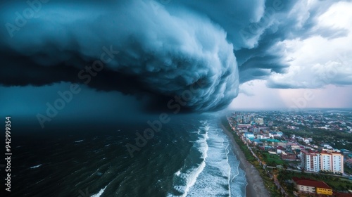 Tropical storm approaching a coastal town, stormy weather, heavy rain and wind