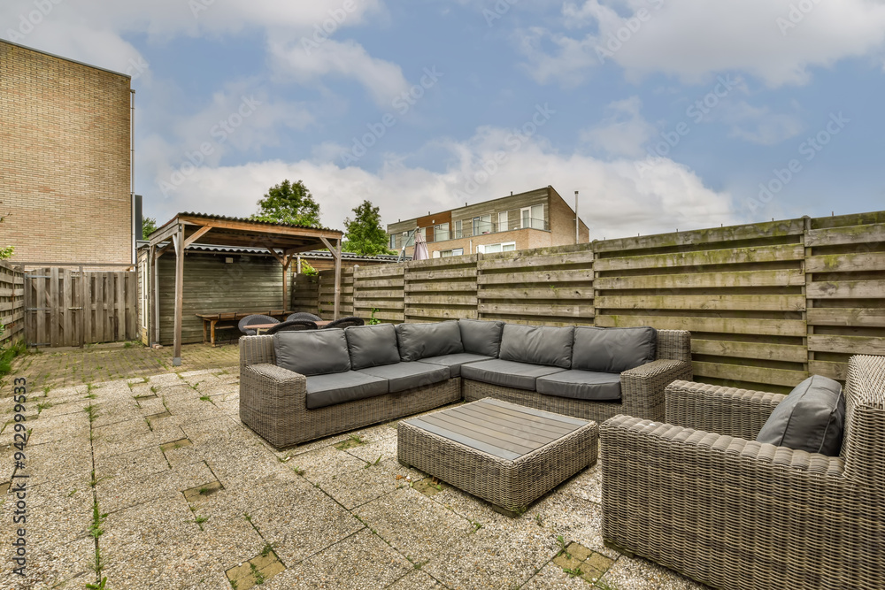 Spacious backyard with modern rattan furniture and wooden shed Spacious backyard with modern rattan furniture and wooden shed
