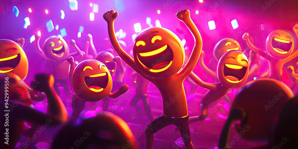 Fototapeta premium Partying emoji figures in neon light.