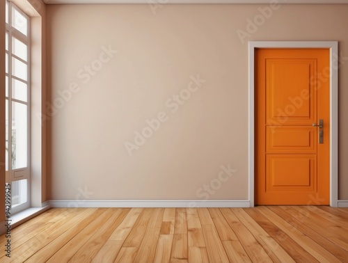 Empty Room with Orange Door and Wooden Floor