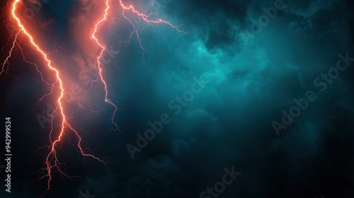 Lightning bolts illuminating a dark sky during a heavy storm, extreme weather, intense energy