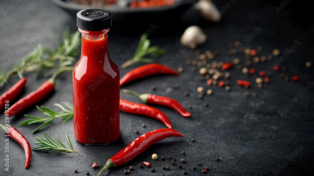 Naklejka premium Bright red chili sauce bottle on a dark charcoal kitchen counter