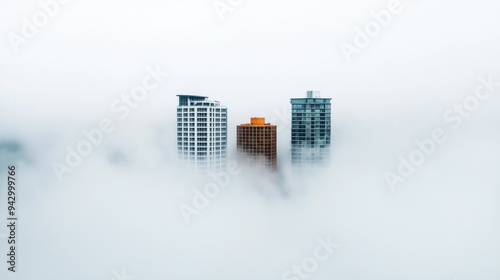 Dense fog covering a coastal town at dawn, foggy weather, quiet and eerie photo