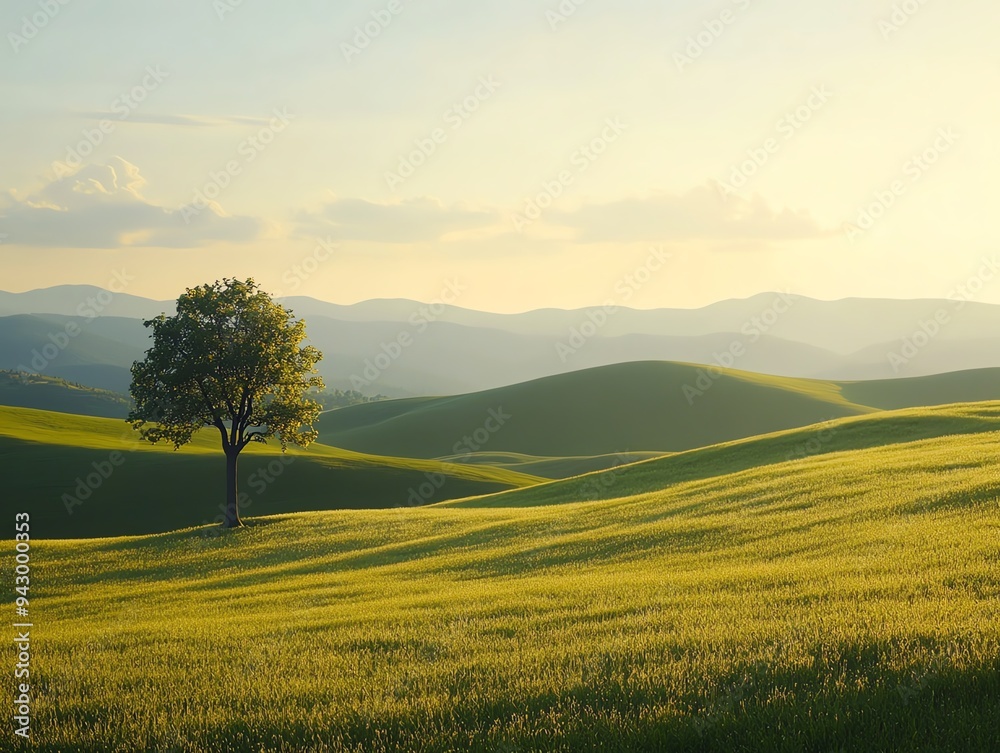 Lone tree on a vast green meadow, golden hour, soft rolling hills, serene landscape, majestic mountains in the distance Lone tree on a vast green meadow, golden hour, soft rolling hills, serene landscape, majestic mountains in the distance