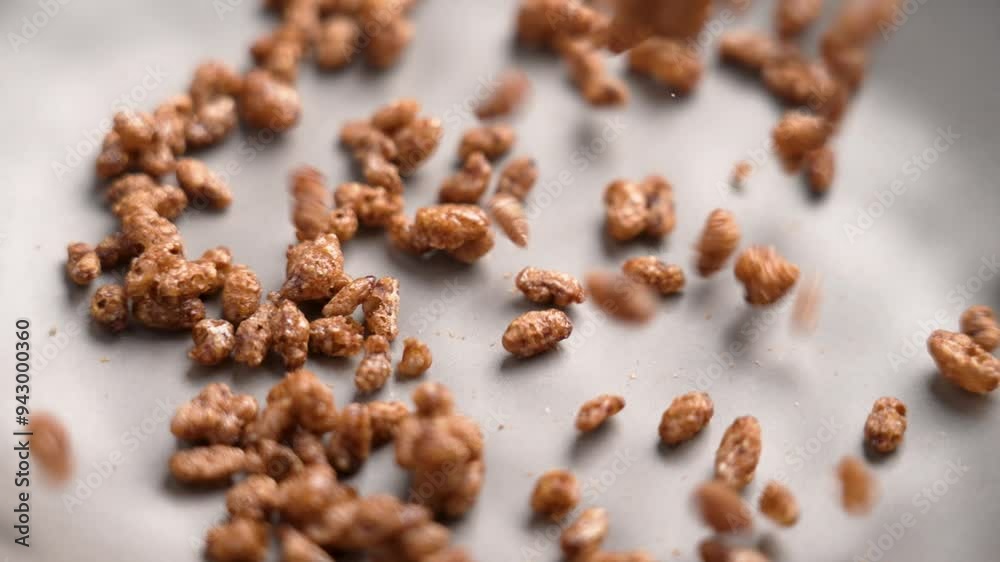 Chocolate crispy cereal flakes falling into a empty grey ceramic bowl in slow motion. Healthy organic raw superfood ingredient. Top view