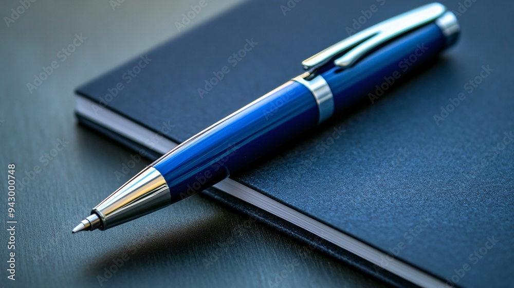 Cobalt blue pen resting on a dark charcoal notepad Cobalt blue pen resting on a dark charcoal notepad