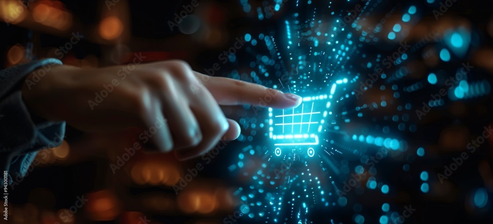 a businessman or an ordinary person touches a digital virtual hologram icon or shopping cart symbol with his hand, online shopping, e commerce a businessman or an ordinary person touches a digital virtual hologram icon or shopping cart symbol with his hand, online shopping, e commerce