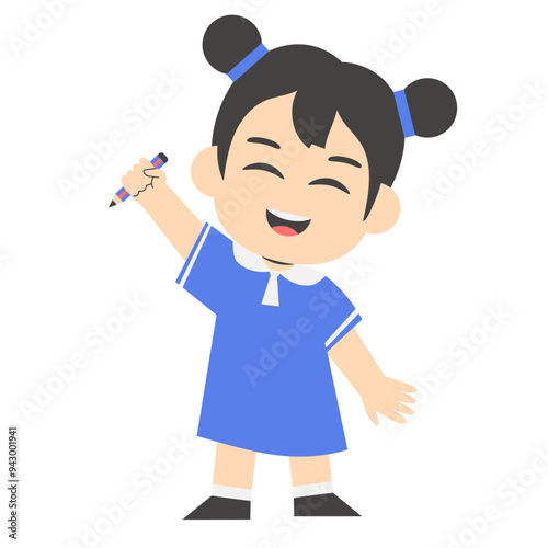 Happy Girl Kindergarten Holding Pencil