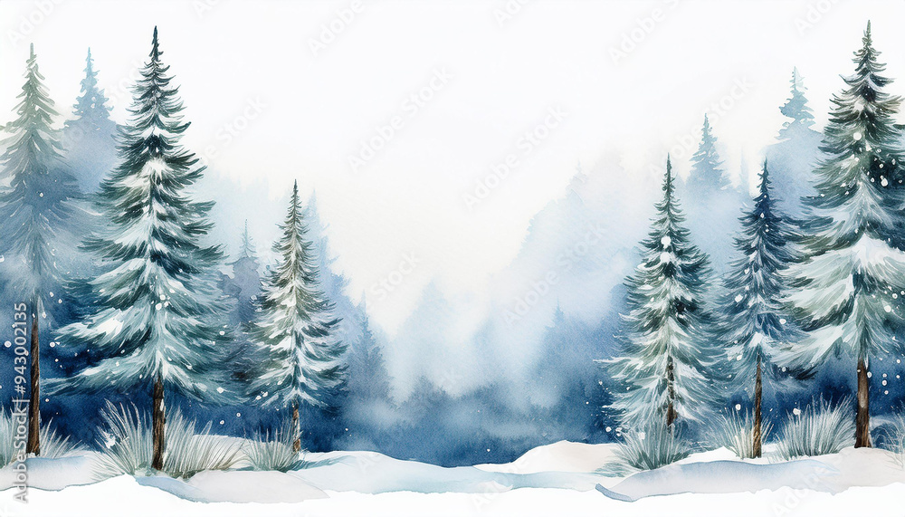 Naklejka premium Watercolor painting of winter forest with snow-covered pine trees. Beautiful natural landscape.