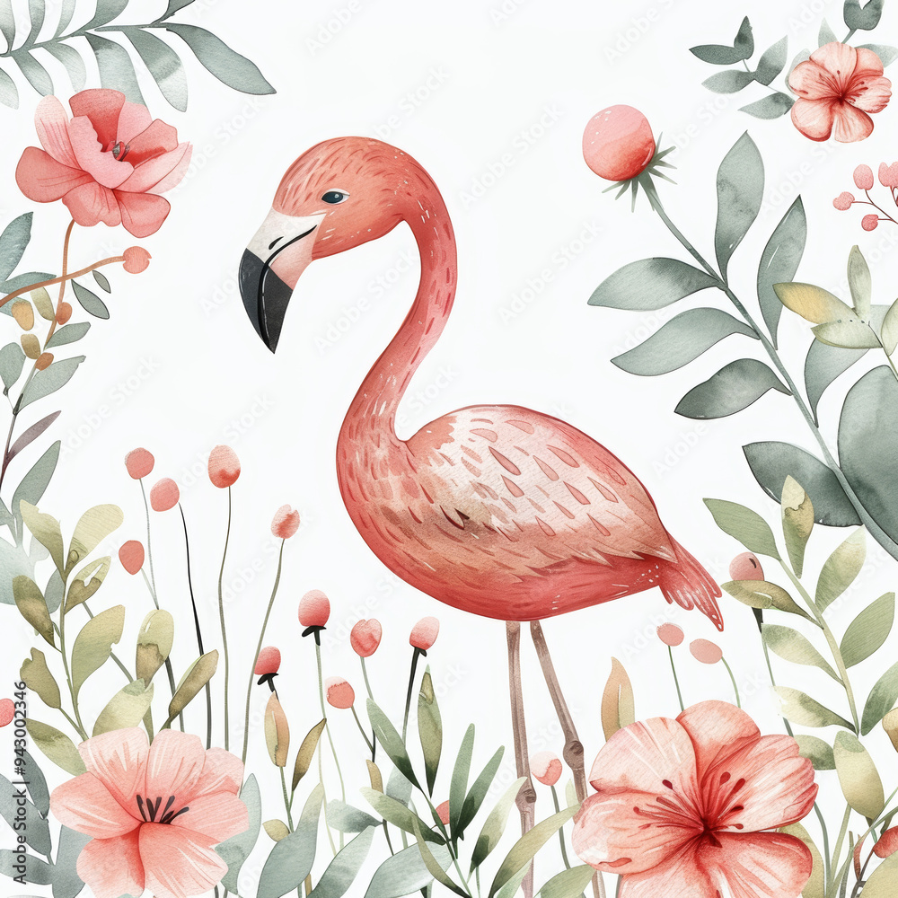 Fototapeta premium Elegant Flamingo with Watercolor Florals in a Botanical Garden Illustration