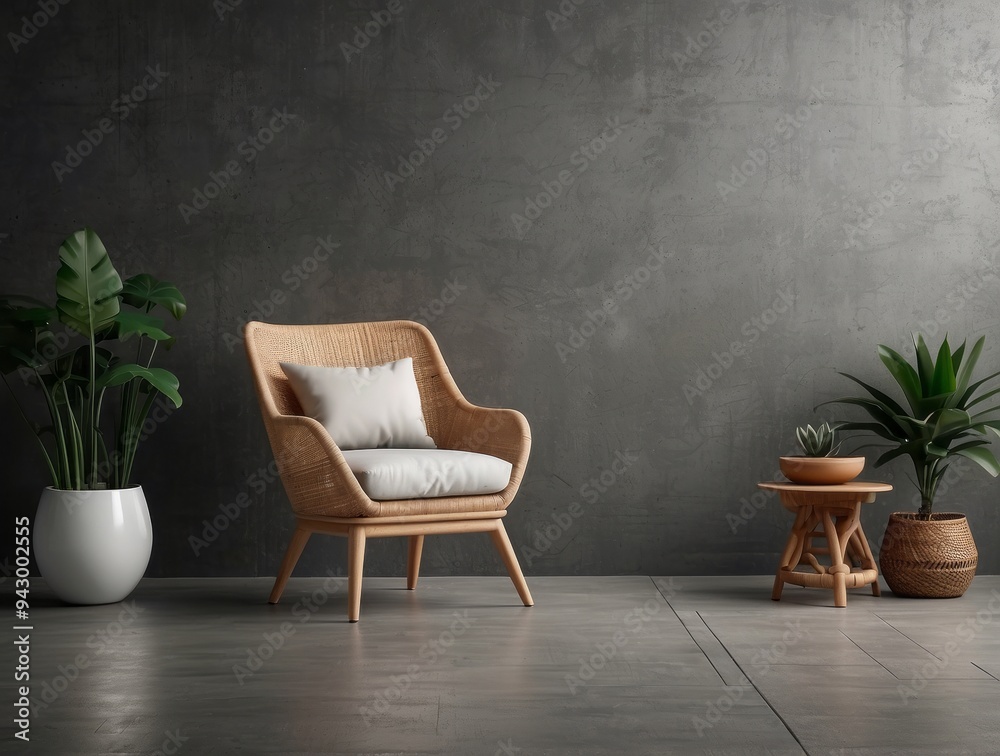 Rattan Chair, Plants, and Side Table in a Minimalist Setting