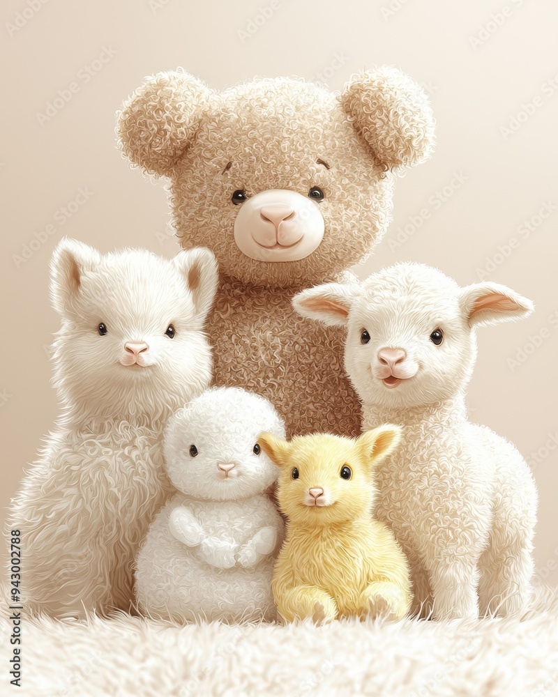 Adorable plush toys featuring a bear, rabbit, and sheep, perfect for children's rooms or nurseries.